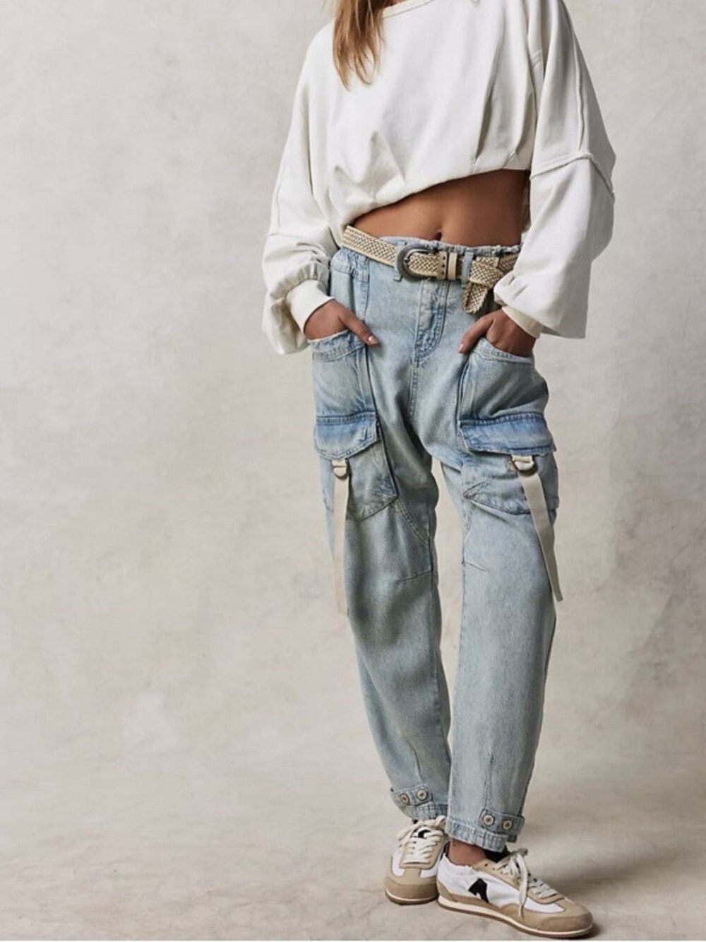 We The Free Free People Hazel Drop Waist Cargo Harem Jeans Light Wash S